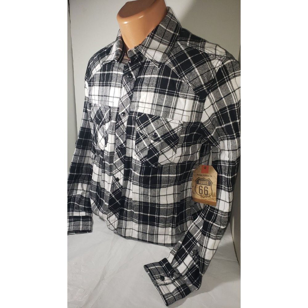 Men's Western Plaid Shirt XL Black White Route 66 Brushed Cotton Long Sleeve